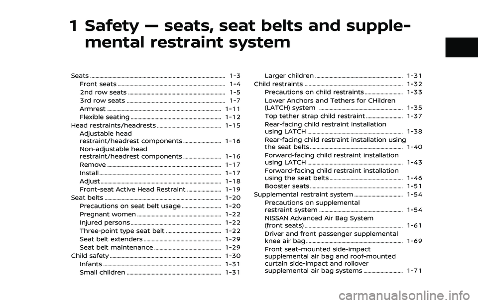 NISSAN ARMADA 2023 User Guide 1 Safety — seats, seat belts and supple-mental restraint system
Seats ........................................................................\
............................... 1-3
Front seats ......