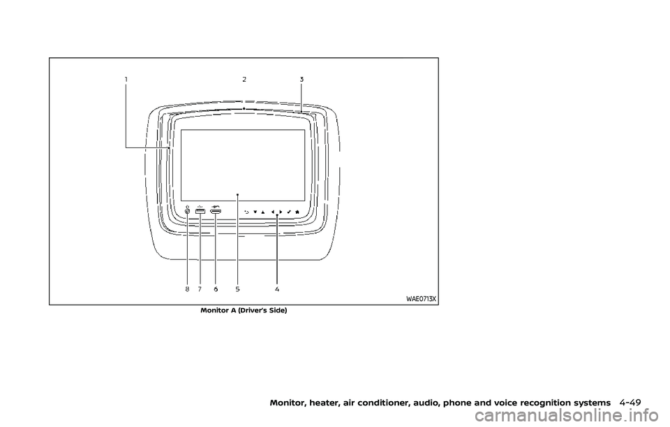 NISSAN ARMADA 2023  Owners Manual WAE0713X
Monitor A (Driver’s Side)
Monitor, heater, air conditioner, audio, phone and voice recognition systems4-49 