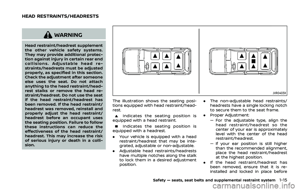 NISSAN ARMADA 2023 Owners Guide WARNING
Head restraint/headrest supplement
the other vehicle safety systems.
They may provide additional protec-
tion against injury in certain rear end
collisions. Adjustable head re-
straints/headre