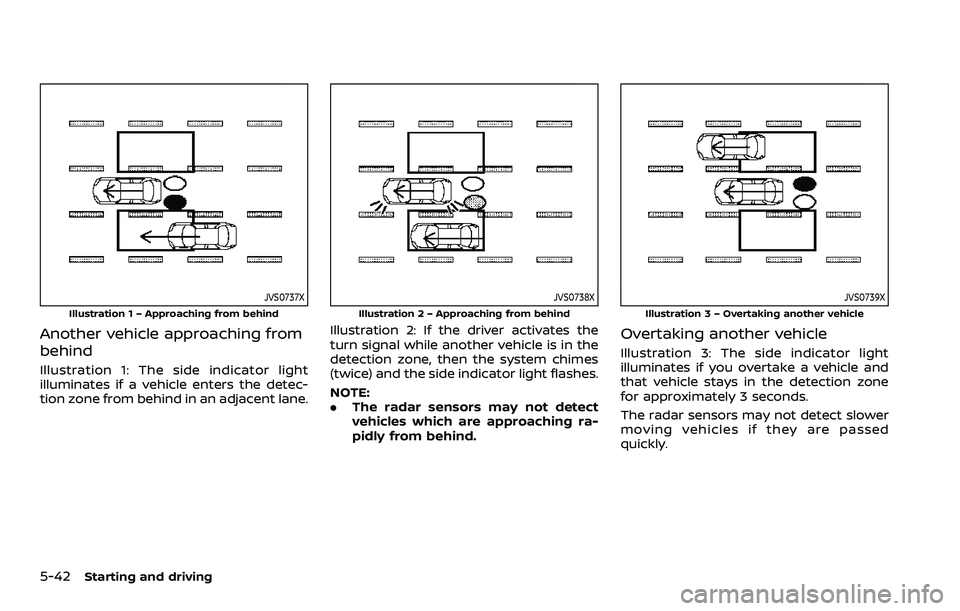 NISSAN ARMADA 2023 Owners Manual 5-42Starting and driving
JVS0737X
Illustration 1 – Approaching from behind
Another vehicle approaching from
behind
Illustration 1: The side indicator light
illuminates if a vehicle enters the detec- NISSAN ARMADA 2023 Owners Manual 5-42Starting and driving
JVS0737X
Illustration 1 – Approaching from behind
Another vehicle approaching from
behind
Illustration 1: The side indicator light
illuminates if a vehicle enters the detec-