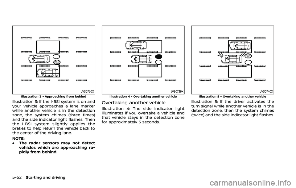 NISSAN ARMADA 2023 Owners Guide 5-52Starting and driving
JVS0760X
Illustration 3 - Approaching from behind
Illustration 3: If the I-BSI system is on and
your vehicle approaches a lane marker
while another vehicle is in the detection NISSAN ARMADA 2023 Owners Guide 5-52Starting and driving
JVS0760X
Illustration 3 - Approaching from behind
Illustration 3: If the I-BSI system is on and
your vehicle approaches a lane marker
while another vehicle is in the detection