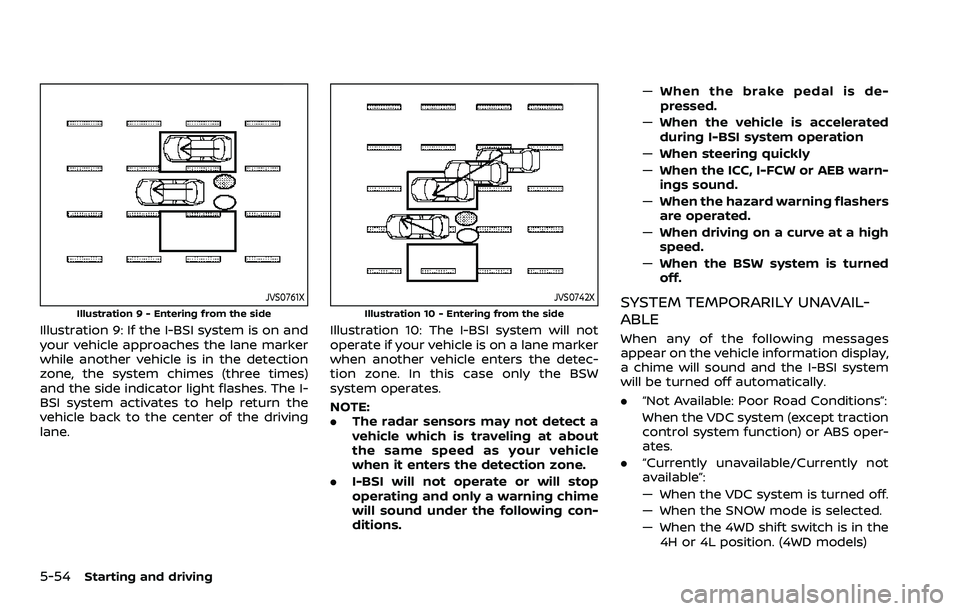 NISSAN ARMADA 2023  Owners Manual 5-54Starting and driving
JVS0761X
Illustration 9 - Entering from the side
Illustration 9: If the I-BSI system is on and
your vehicle approaches the lane marker
while another vehicle is in the detectio