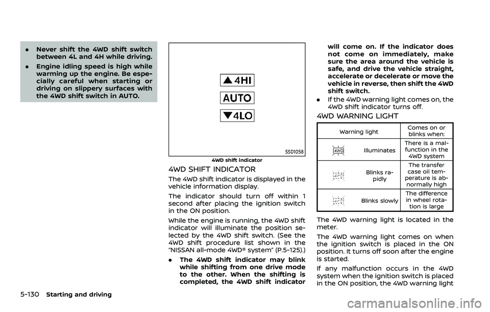 NISSAN ARMADA 2023 Owners Manual 5-130Starting and driving
.Never shift the 4WD shift switch
between 4L and 4H while driving.
. Engine idling speed is high while
warming up the engine. Be espe-
cially careful when starting or
driving NISSAN ARMADA 2023 Owners Manual 5-130Starting and driving
.Never shift the 4WD shift switch
between 4L and 4H while driving.
. Engine idling speed is high while
warming up the engine. Be espe-
cially careful when starting or
driving