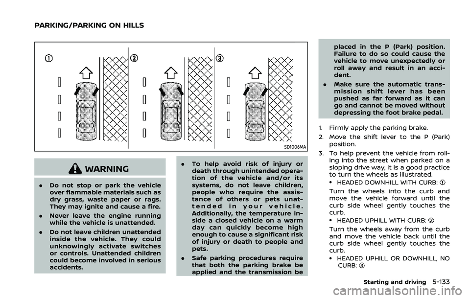 NISSAN ARMADA 2023 Owners Manual SD1006MA
WARNING
.Do not stop or park the vehicle
over flammable materials such as
dry grass, waste paper or rags.
They may ignite and cause a fire.
. Never leave the engine running
while the vehicle NISSAN ARMADA 2023 Owners Manual SD1006MA
WARNING
.Do not stop or park the vehicle
over flammable materials such as
dry grass, waste paper or rags.
They may ignite and cause a fire.
. Never leave the engine running
while the vehicle