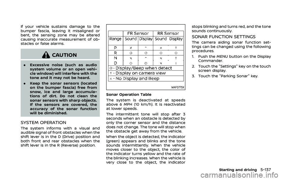 NISSAN ARMADA 2023 Manual PDF If your vehicle sustains damage to the
bumper fascia, leaving it misaligned or
bent, the sensing zone may be altered
causing inaccurate measurement of ob-
stacles or false alarms.
CAUTION
.Excessive n