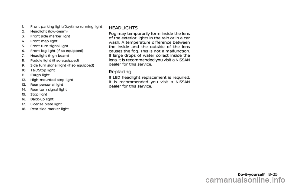 NISSAN ARMADA 2023 Owners Manual 1. Front parking light/Daytime running light
2. Headlight (low-beam)
3. Front side marker light
4. Front map light
5. Front turn signal light
6. Front fog light (if so equipped)
7. Headlight (high bea NISSAN ARMADA 2023 Owners Manual 1. Front parking light/Daytime running light
2. Headlight (low-beam)
3. Front side marker light
4. Front map light
5. Front turn signal light
6. Front fog light (if so equipped)
7. Headlight (high bea