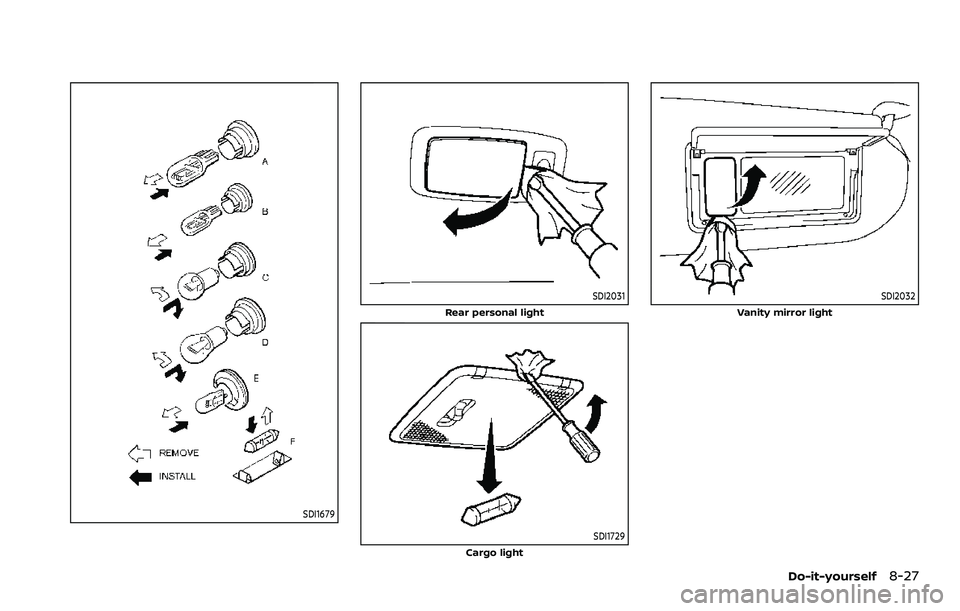 NISSAN ARMADA 2023 Owners Manual SDI1679
SDI2031
Rear personal light
SDI1729Cargo light
SDI2032
Vanity mirror light
Do-it-yourself8-27 NISSAN ARMADA 2023 Owners Manual SDI1679
SDI2031
Rear personal light
SDI1729Cargo light
SDI2032
Vanity mirror light
Do-it-yourself8-27