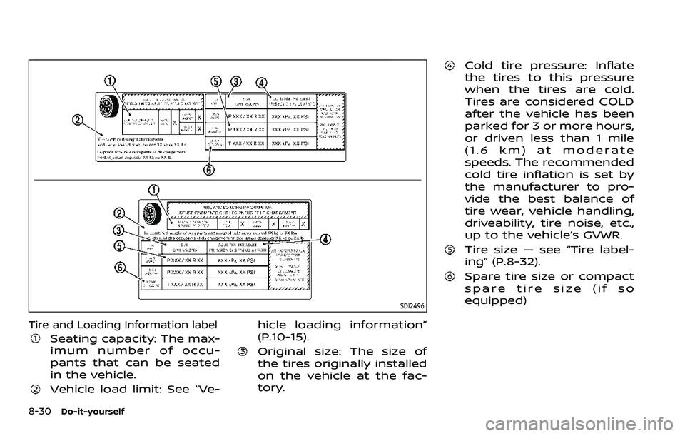 NISSAN ARMADA 2023  Owners Manual 8-30Do-it-yourself
SDI2496
Tire and Loading Information label
Seating capacity: The max-
imum number of occu-
pants that can be seated
in the vehicle.
Vehicle load limit: See “Ve-hicle loading infor