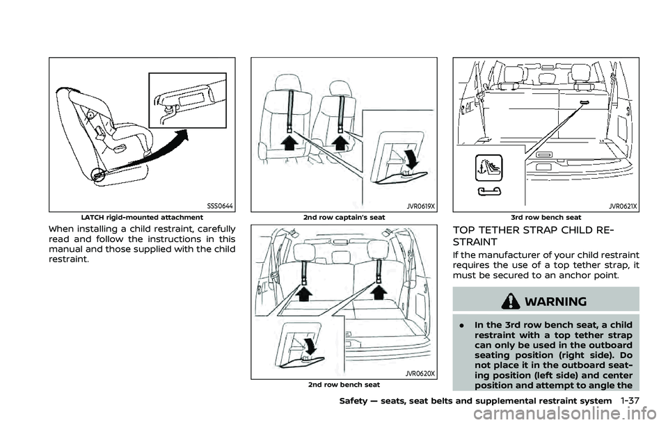 NISSAN ARMADA 2023 Workshop Manual SSS0644
LATCH rigid-mounted attachment
When installing a child restraint, carefully
read and follow the instructions in this
manual and those supplied with the child
restraint.
JVR0619X
2nd row captai NISSAN ARMADA 2023 Workshop Manual SSS0644
LATCH rigid-mounted attachment
When installing a child restraint, carefully
read and follow the instructions in this
manual and those supplied with the child
restraint.
JVR0619X
2nd row captai