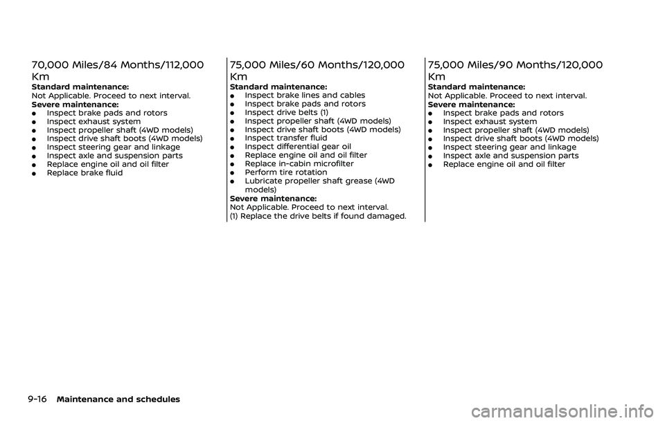 NISSAN ARMADA 2023  Owners Manual 9-16Maintenance and schedules
70,000 Miles/84 Months/112,000
Km
Standard maintenance:
Not Applicable. Proceed to next interval.
Severe maintenance:
.Inspect brake pads and rotors.Inspect exhaust syste