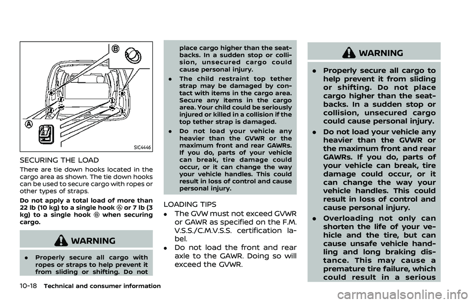 NISSAN ARMADA 2023  Owners Manual 10-18Technical and consumer information
SIC4446
SECURING THE LOAD
There are tie down hooks located in the
cargo area as shown. The tie down hooks
can be used to secure cargo with ropes or
other types 