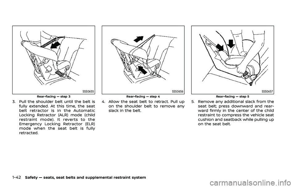 NISSAN ARMADA 2023 Workshop Manual 1-42Safety — seats, seat belts and supplemental restraint system
SSS0655
Rear-facing — step 3
3. Pull the shoulder belt until the belt isfully extended. At this time, the seat
belt retractor is in NISSAN ARMADA 2023 Workshop Manual 1-42Safety — seats, seat belts and supplemental restraint system
SSS0655
Rear-facing — step 3
3. Pull the shoulder belt until the belt isfully extended. At this time, the seat
belt retractor is in