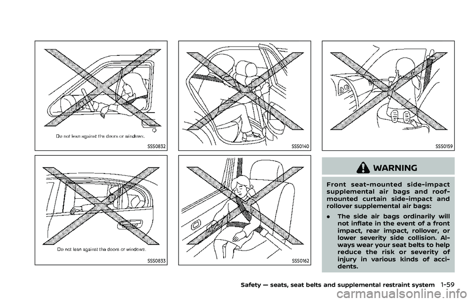 NISSAN ARMADA 2023 Manual PDF SSS0832
SSS0833
SSS0140
SSS0162
SSS0159
WARNING
Front seat-mounted side-impact
supplemental air bags and roof-
mounted curtain side-impact and
rollover supplemental air bags:
.The side air bags ordina NISSAN ARMADA 2023 Manual PDF SSS0832
SSS0833
SSS0140
SSS0162
SSS0159
WARNING
Front seat-mounted side-impact
supplemental air bags and roof-
mounted curtain side-impact and
rollover supplemental air bags:
.The side air bags ordina