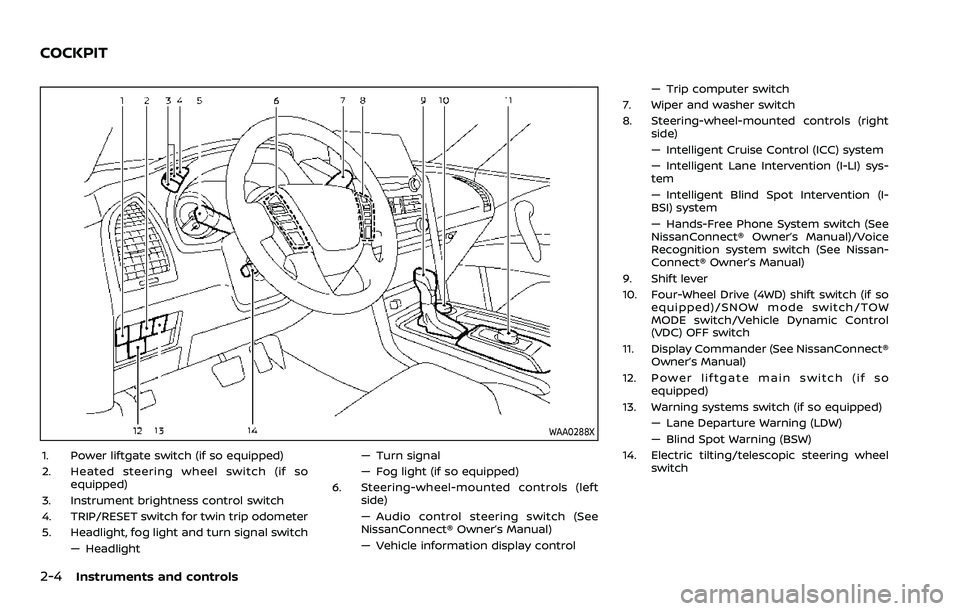 NISSAN ARMADA 2023 Owners Manual 2-4Instruments and controls
WAA0288X
1. Power liftgate switch (if so equipped)
2. Heated steering wheel switch (if soequipped)
3. Instrument brightness control switch
4. TRIP/RESET switch for twin tri NISSAN ARMADA 2023 Owners Manual 2-4Instruments and controls
WAA0288X
1. Power liftgate switch (if so equipped)
2. Heated steering wheel switch (if soequipped)
3. Instrument brightness control switch
4. TRIP/RESET switch for twin tri