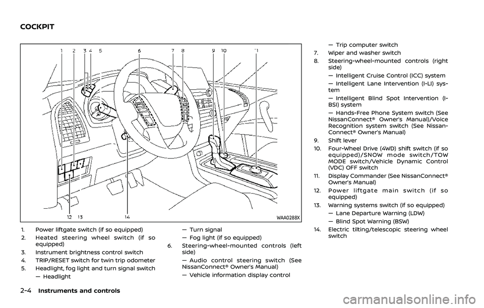 NISSAN ARMADA 2023  Owners Manual 2-4Instruments and controls
WAA0288X
1. Power liftgate switch (if so equipped)
2. Heated steering wheel switch (if soequipped)
3. Instrument brightness control switch
4. TRIP/RESET switch for twin tri