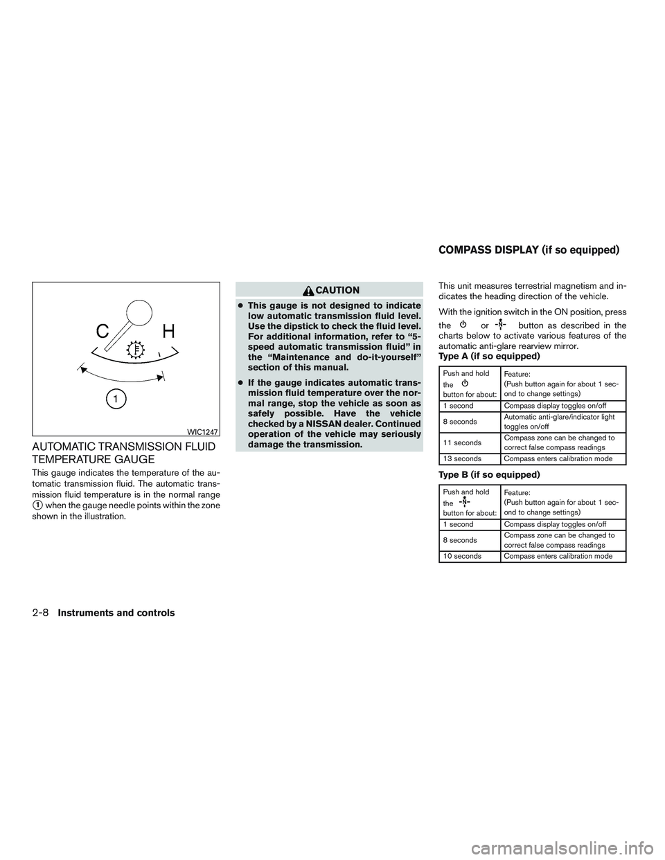 NISSAN ARMADA PLATINUM 2015  Owners Manual AUTOMATIC TRANSMISSION FLUID
TEMPERATURE GAUGE
This gauge indicates the temperature of the au-
tomatic transmission fluid. The automatic trans-
mission fluid temperature is in the normal range
1when 