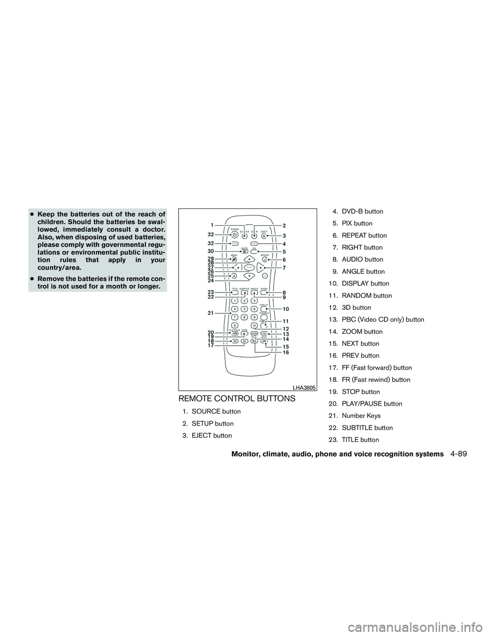 NISSAN ARMADA PLATINUM 2015  Owners Manual ●Keep the batteries out of the reach of
children. Should the batteries be swal-
lowed, immediately consult a doctor.
Also, when disposing of used batteries,
please comply with governmental regu-
lat