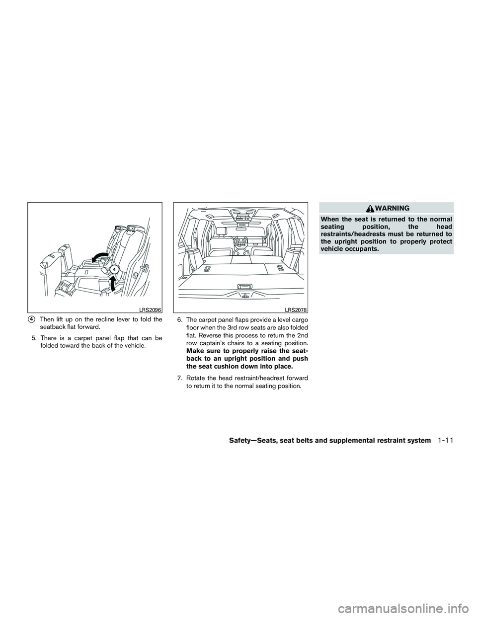 NISSAN ARMADA PLATINUM 2015 Owners Guide 4Then lift up on the recline lever to fold the
seatback flat forward.
5. There is a carpet panel flap that can be folded toward the back of the vehicle. 6. The carpet panel flaps provide a level carg