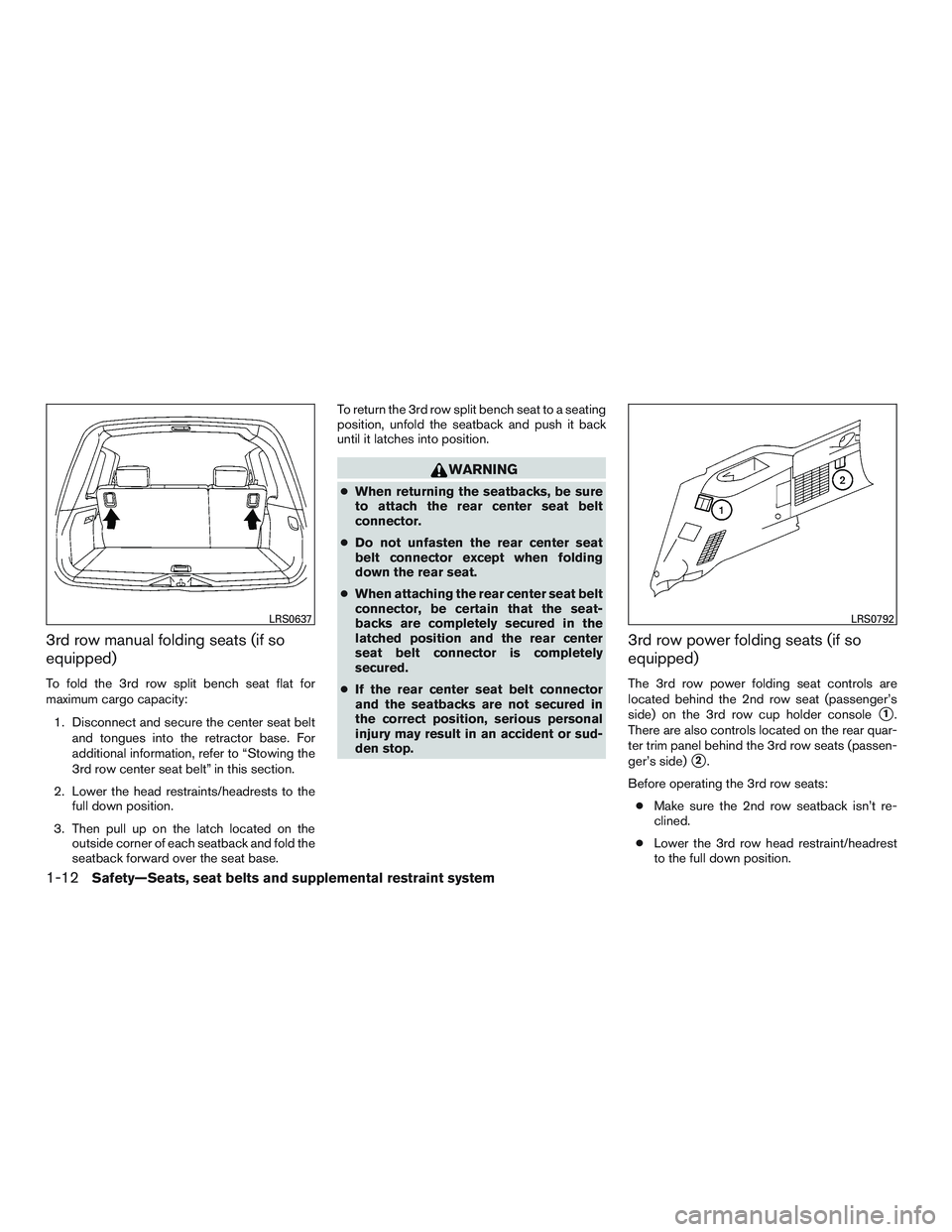 NISSAN ARMADA PLATINUM 2015 Owners Guide 3rd row manual folding seats (if so
equipped)
To fold the 3rd row split bench seat flat for
maximum cargo capacity:1. Disconnect and secure the center seat belt and tongues into the retractor base. Fo