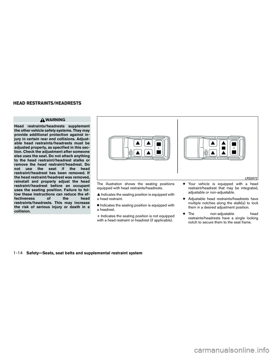 NISSAN ARMADA PLATINUM 2015 Owners Guide WARNING
Head restraints/headrests supplement
the other vehicle safety systems. They may
provide additional protection against in-
jury in certain rear end collisions. Adjust-
able head restraints/head