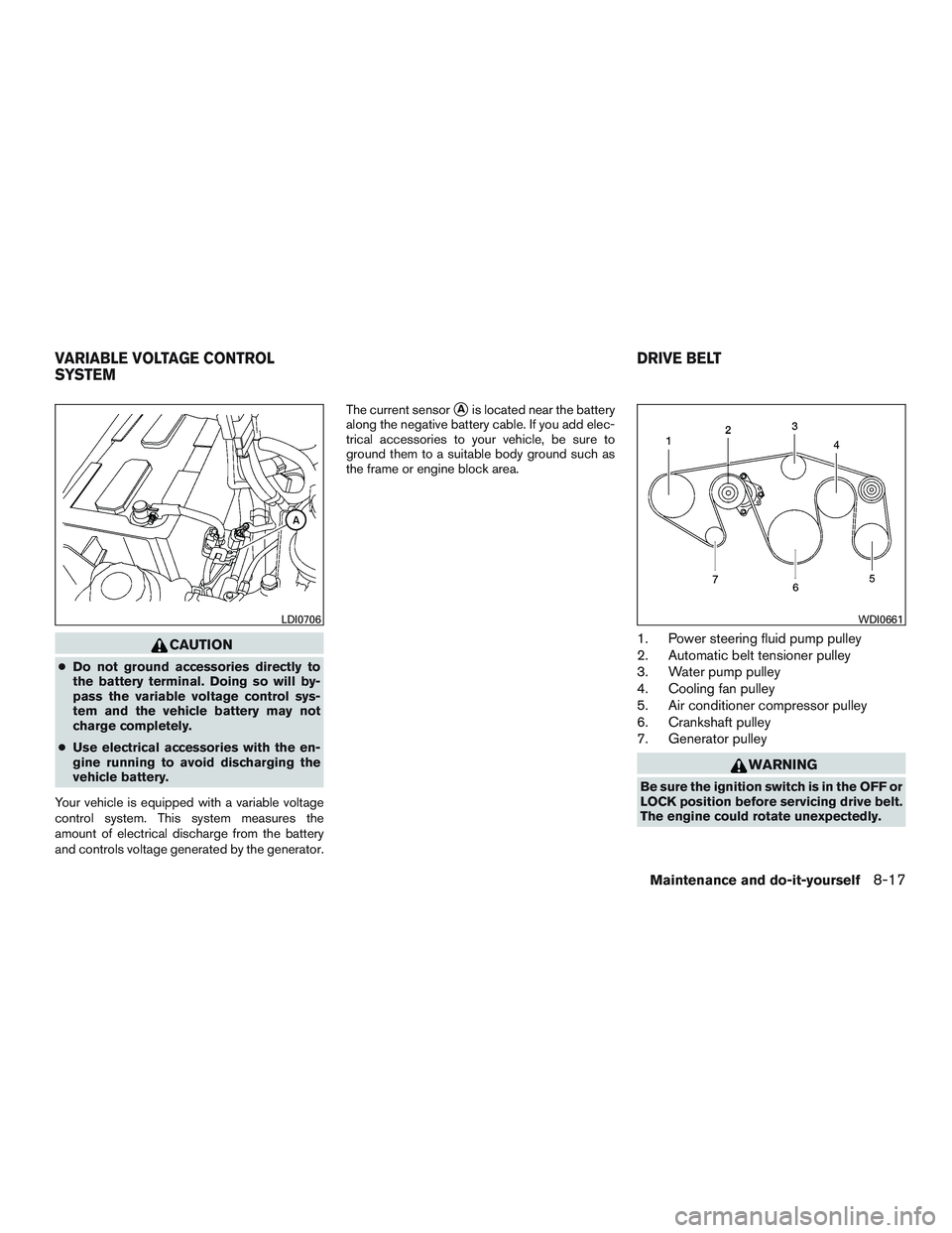 NISSAN ARMADA PLATINUM 2015  Owners Manual CAUTION
●Do not ground accessories directly to
the battery terminal. Doing so will by-
pass the variable voltage control sys-
tem and the vehicle battery may not
charge completely.
● Use electrica