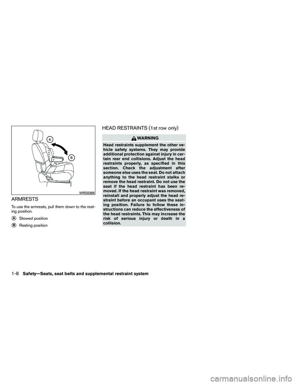 NISSAN ARMADA PLATINUM 2011 Owners Manual ARMRESTS
To use the armrests, pull them down to the rest-
ing position.
AStowed position
BResting position
HEAD RESTRAINTS (1st row only) 