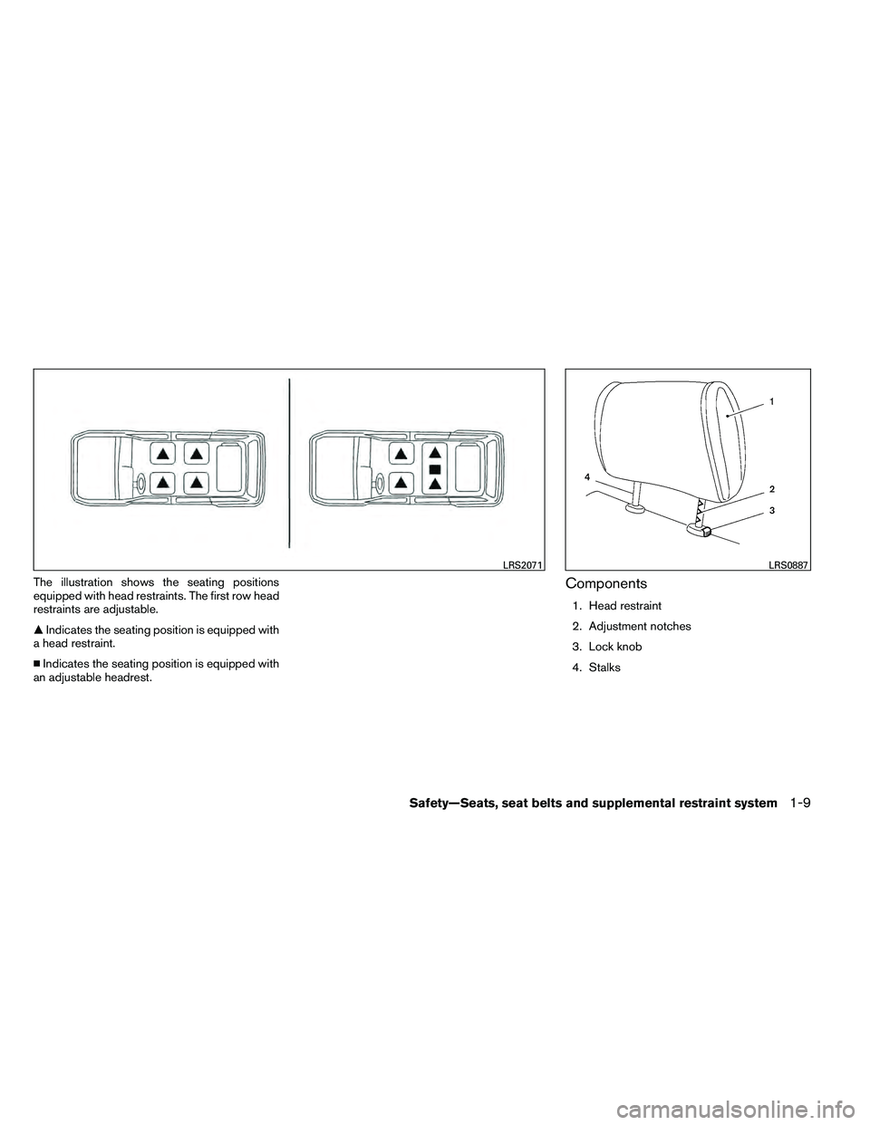 NISSAN ARMADA PLATINUM 2011 Owners Manual The illustration shows the seating positions
equipped with head restraints. The first row head
restraints are adjustable.
Indicates the seating position is equipped with
a head restraint.
 Indicates