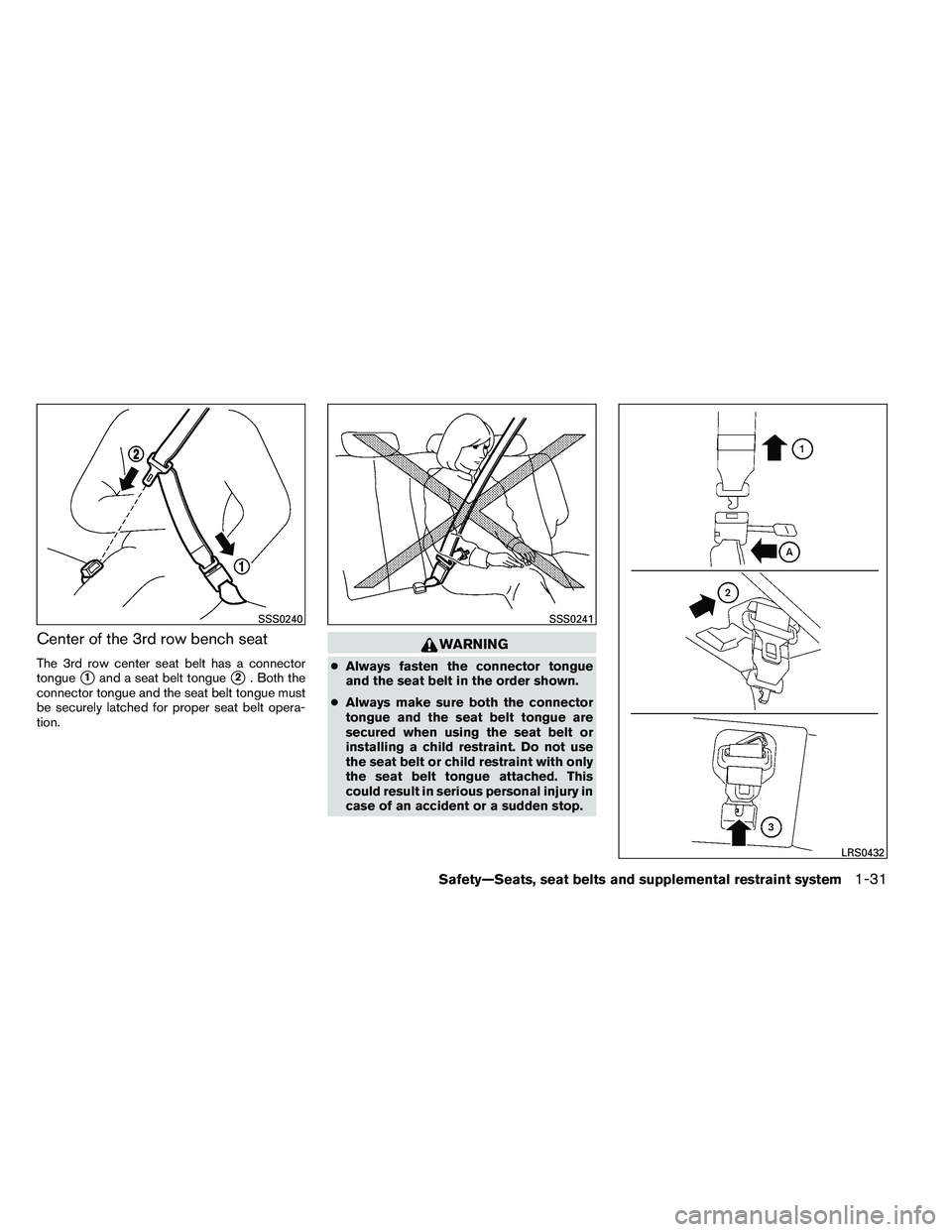 NISSAN ARMADA PLATINUM 2011 Service Manual Center of the 3rd row bench seat
The 3rd row center seat belt has a connector
tongue
1and a seat belt tongue2. Both the
connector tongue and the seat belt tongue must
be securely latched for proper 