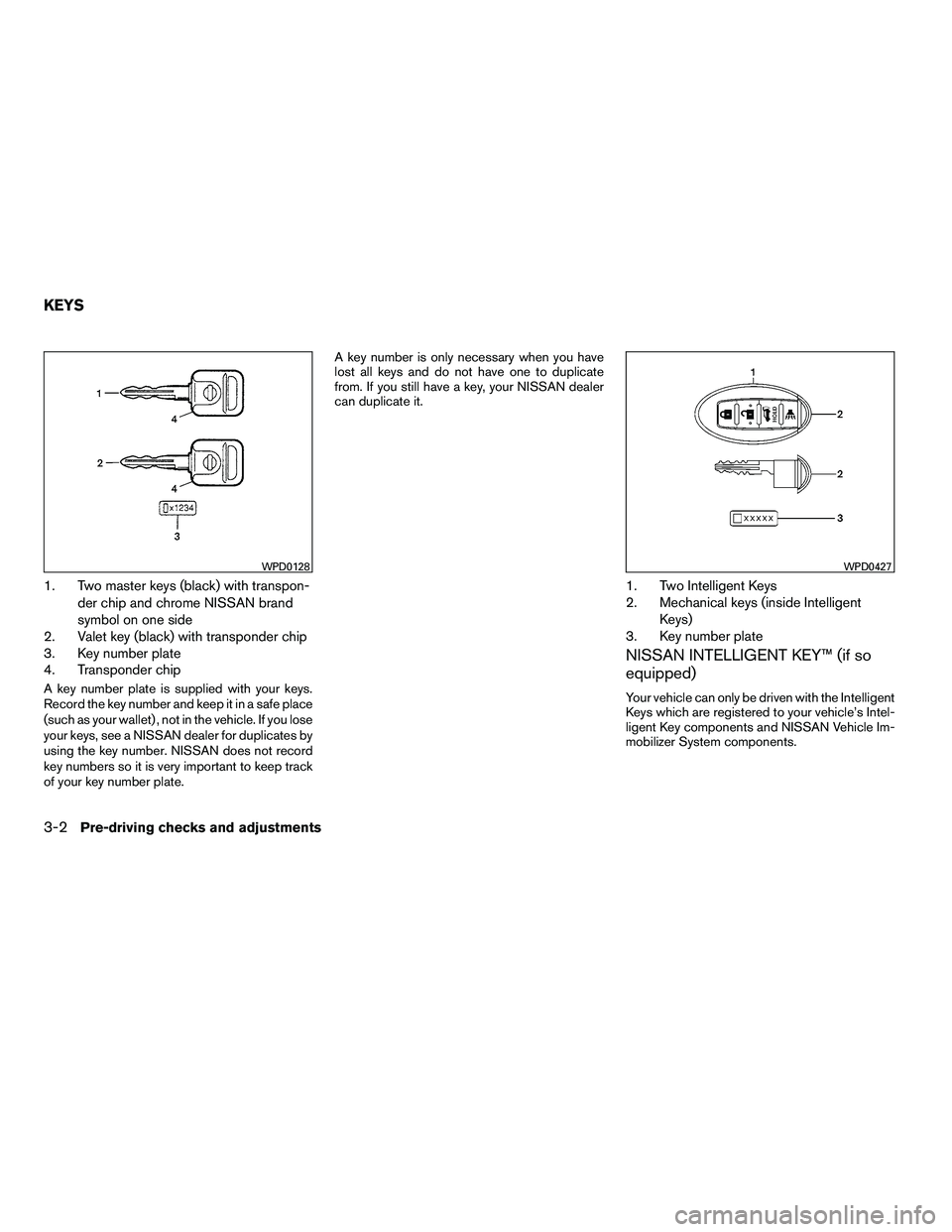 NISSAN ARMADA 2010  Owners Manual 1. Two master keys (black) with transpon-der chip and chrome NISSAN brand
symbol on one side
2. Valet key (black) with transponder chip
3. Key number plate
4. Transponder chip
A key number plate is su