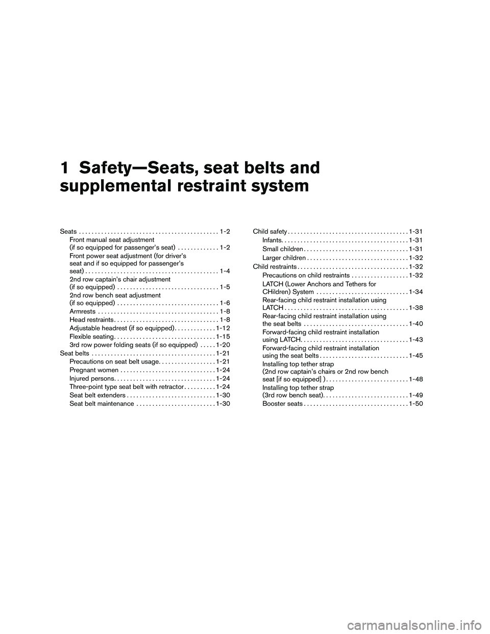 NISSAN ARMADA 2010  Owners Manual 1 Safety—Seats, seat belts and
supplemental restraint system
Seats............................................1-2
Front manual seat adjustment
(if so equipped for passenger’s seat) .............1-