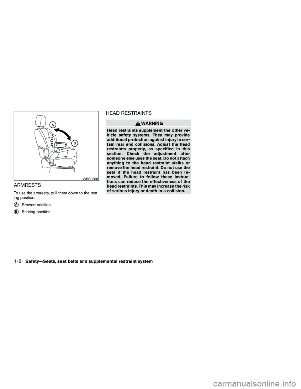 NISSAN ARMADA 2010 Owners Manual ARMRESTS
To use the armrests, pull them down to the rest-
ing position.
AStowed position
BResting position
HEAD RESTRAINTS 
