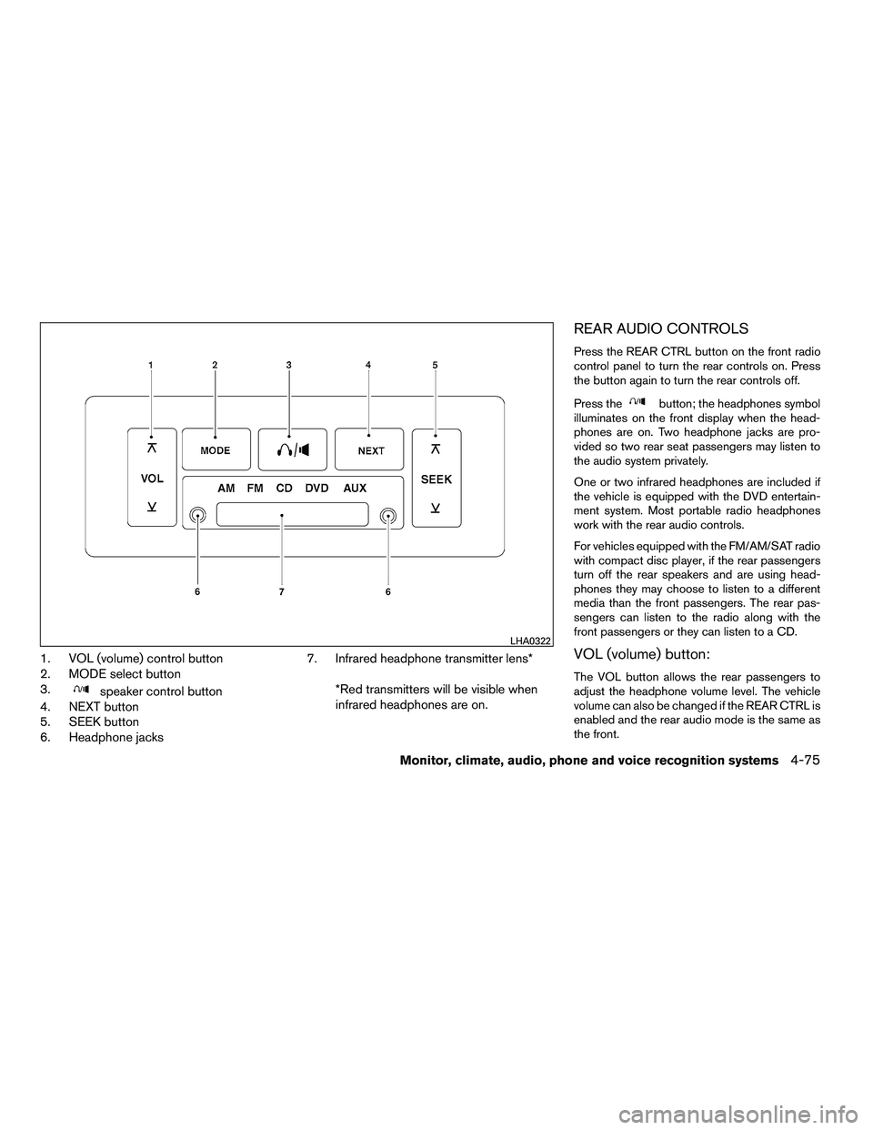 NISSAN ARMADA 2010  Owners Manual 1. VOL (volume) control button
2. MODE select button
3. 