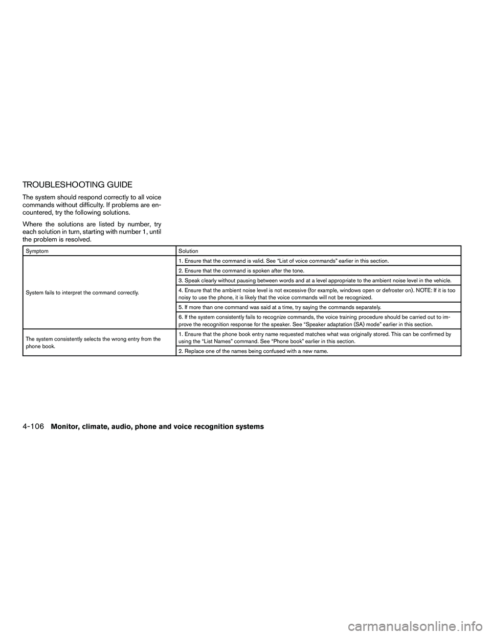 NISSAN ARMADA 2010  Owners Manual TROUBLESHOOTING GUIDE
The system should respond correctly to all voice
commands without difficulty. If problems are en-
countered, try the following solutions.
Where the solutions are listed by number