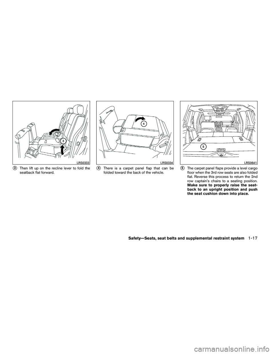 NISSAN ARMADA 2010 Owners Guide 3Then lift up on the recline lever to fold the
seatback flat forward.4There is a carpet panel flap that can be
folded toward the back of the vehicle.5The carpet panel flaps provide a level cargo
fl