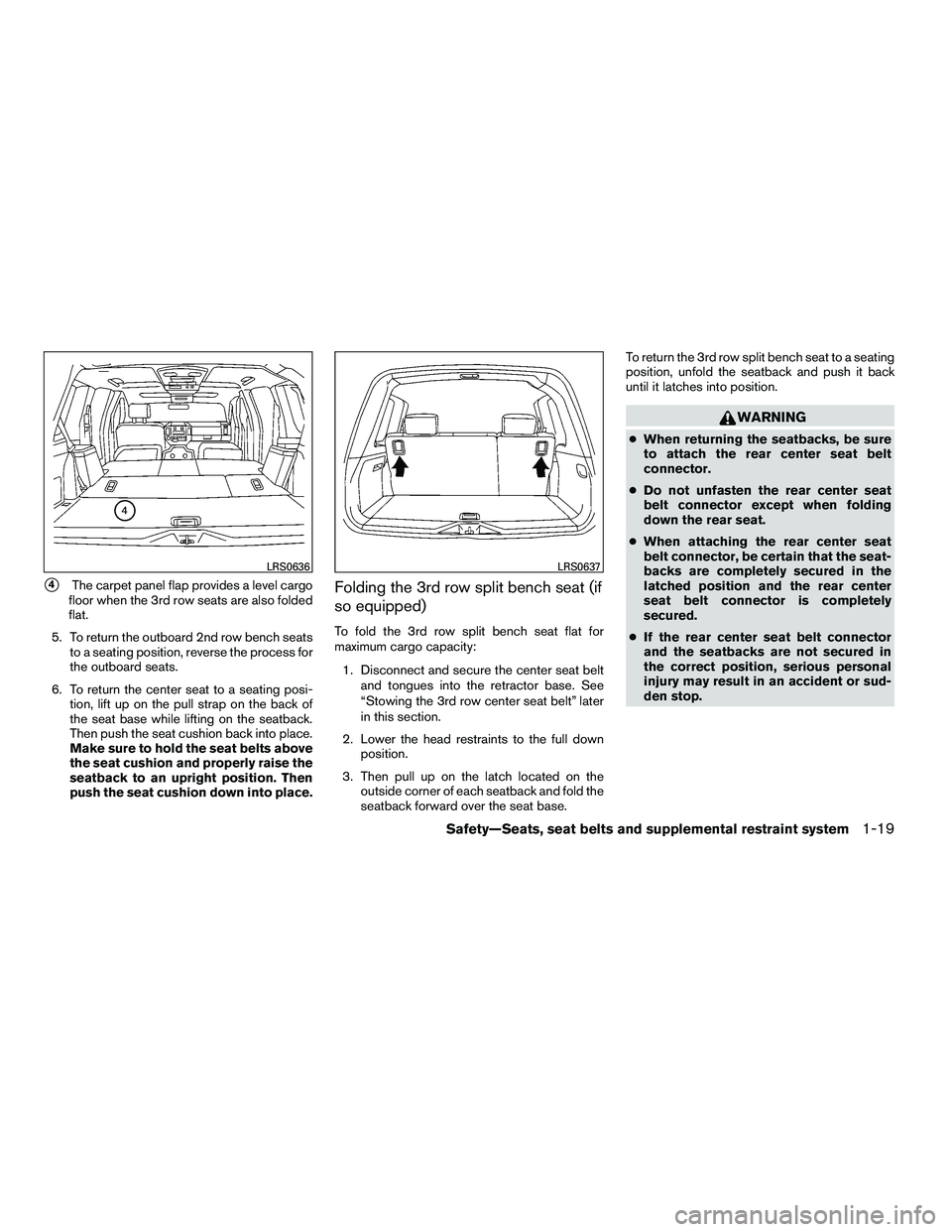 NISSAN ARMADA 2010 Owners Guide 4The carpet panel flap provides a level cargo
floor when the 3rd row seats are also folded
flat.
5. To return the outboard 2nd row bench seats to a seating position, reverse the process for
the outbo