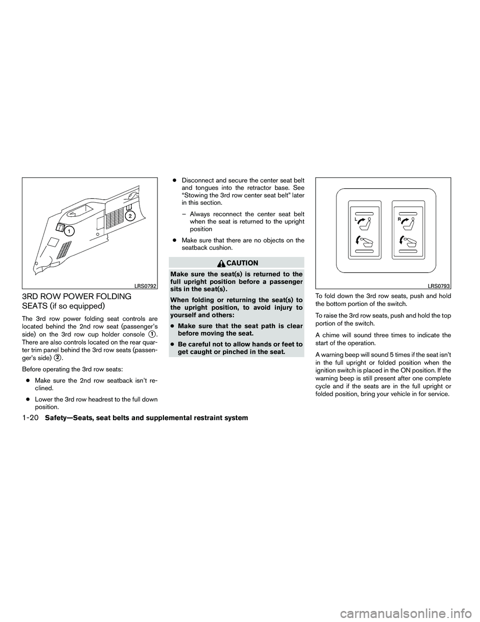 NISSAN ARMADA 2010  Owners Manual 3RD ROW POWER FOLDING
SEATS (if so equipped)
The 3rd row power folding seat controls are
located behind the 2nd row seat (passenger’s
side) on the 3rd row cup holder console
1.
There are also contr
