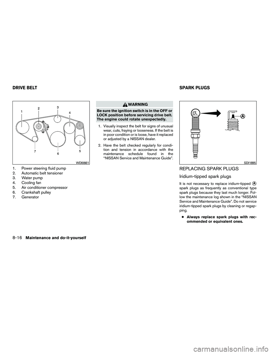 NISSAN ARMADA 2010  Owners Manual 1. Power steering fluid pump
2. Automatic belt tensioner
3. Water pump
4. Cooling fan
5. Air conditioner compressor
6. Crankshaft pulley
7. Generator 