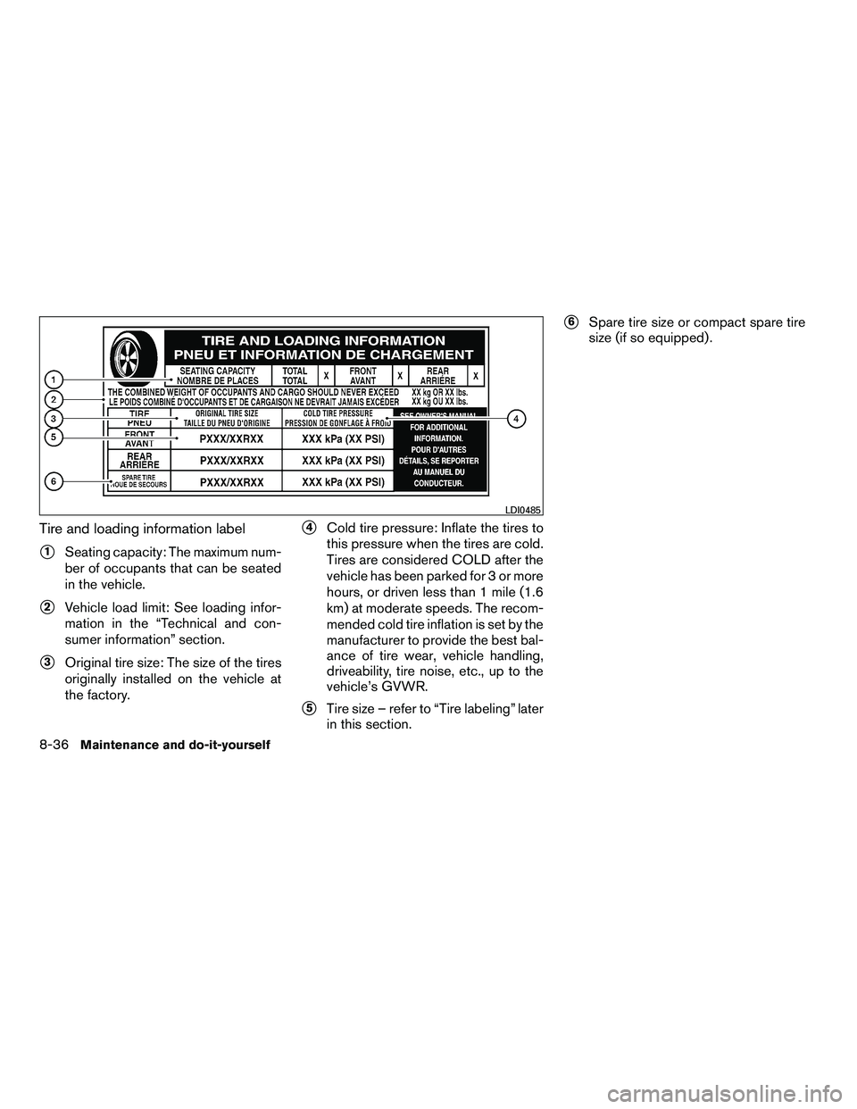 NISSAN ARMADA 2010  Owners Manual Tire and loading information label
1Seating capacity: The maximum num-
ber of occupants that can be seated
in the vehicle.
2Vehicle load limit: See loading infor-
mation in the “Technical and con-