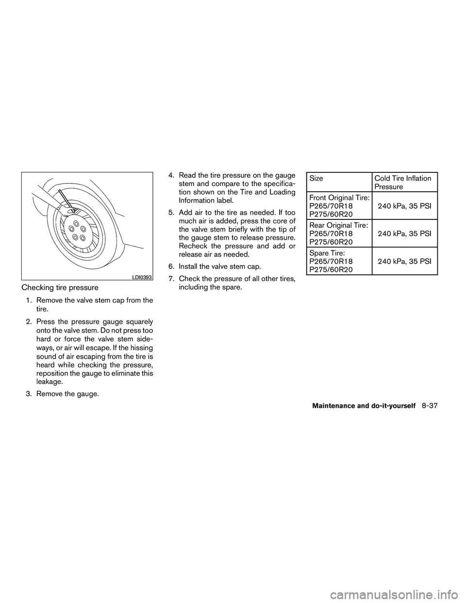 NISSAN ARMADA 2010  Owners Manual Checking tire pressure
1. Remove the valve stem cap from thetire.
2. Press the pressure gauge squarely onto the valve stem. Do not press too
hard or force the valve stem side-
ways, or air will escape