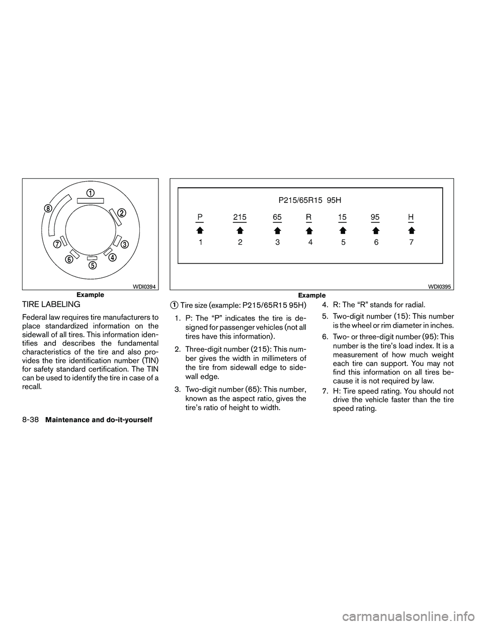 NISSAN ARMADA 2010  Owners Manual TIRE LABELING
Federal law requires tire manufacturers to
place standardized information on the
sidewall of all tires. This information iden-
tifies and describes the fundamental
characteristics of the