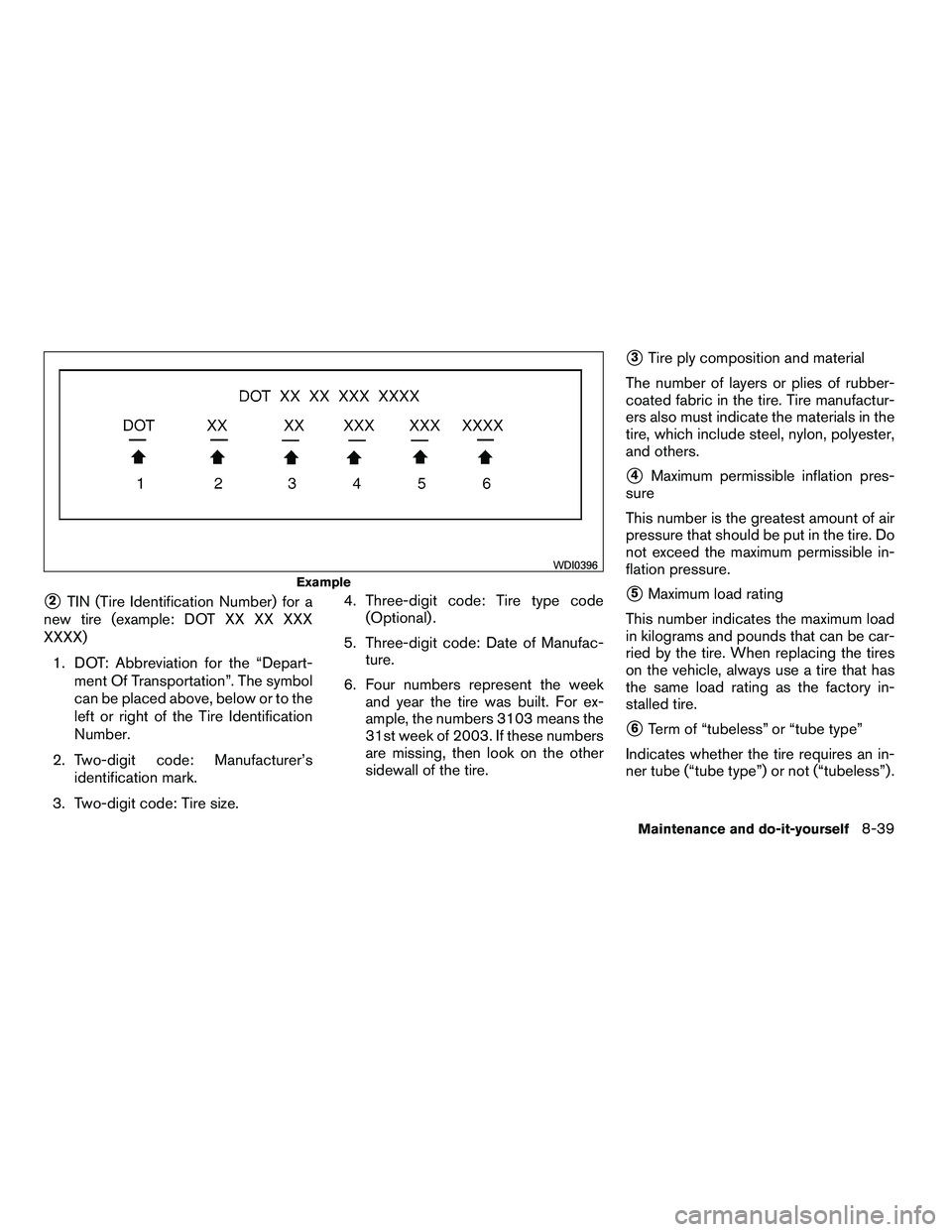 NISSAN ARMADA 2010  Owners Manual 2TIN (Tire Identification Number) for a
new tire (example: DOT XX XX XXX
XXXX)
1. DOT: Abbreviation for the “Depart- ment Of Transportation”. The symbol
can be placed above, below or to the
left 