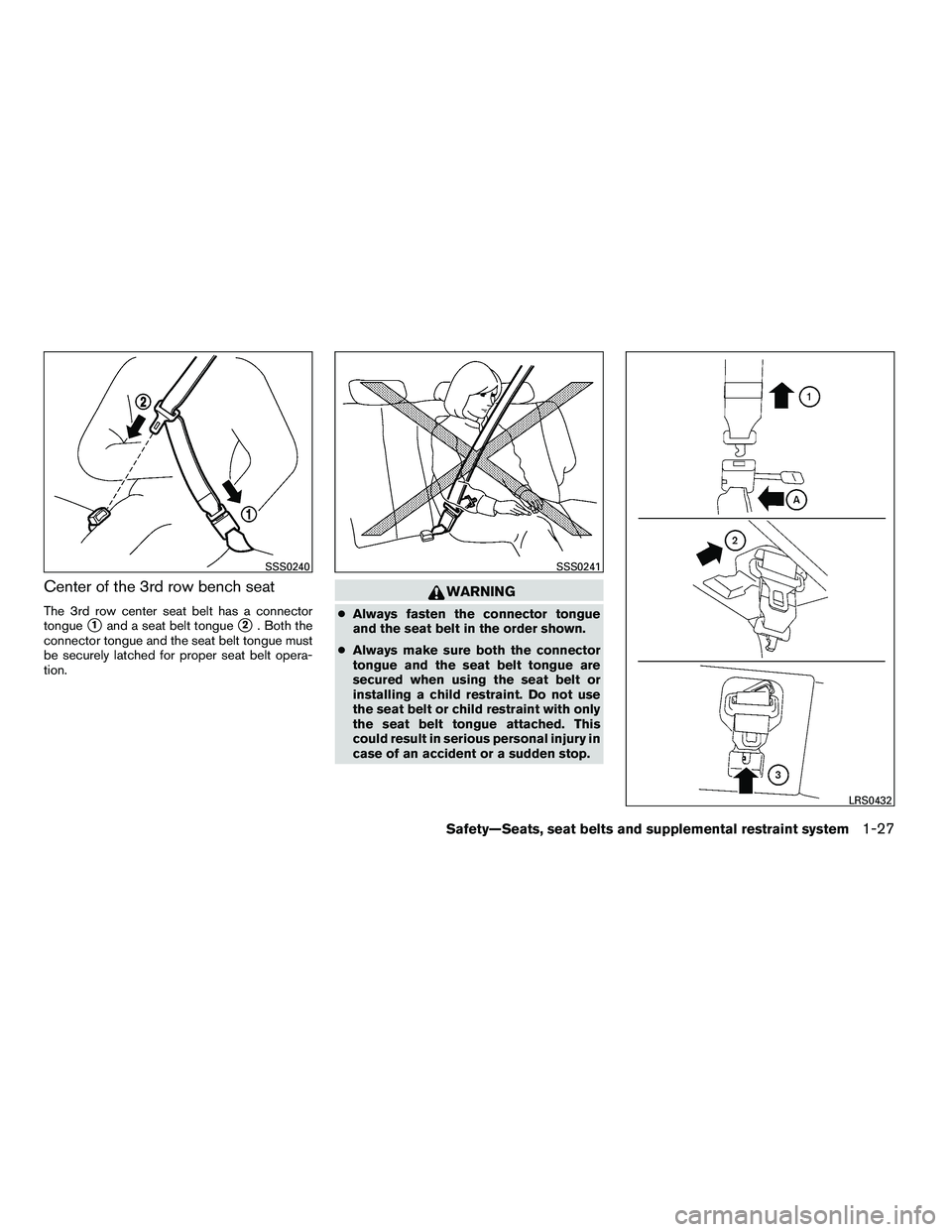 NISSAN ARMADA 2010 Service Manual Center of the 3rd row bench seat
The 3rd row center seat belt has a connector
tongue
1and a seat belt tongue2. Both the
connector tongue and the seat belt tongue must
be securely latched for proper 
