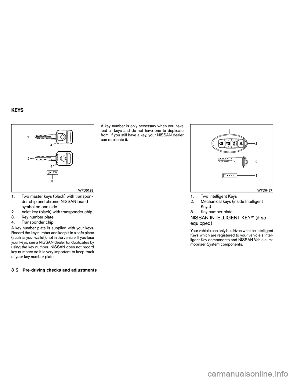 NISSAN ARMADA 2011  Owners Manual 1. Two master keys (black) with transpon-der chip and chrome NISSAN brand
symbol on one side
2. Valet key (black) with transponder chip
3. Key number plate
4. Transponder chip
A key number plate is su