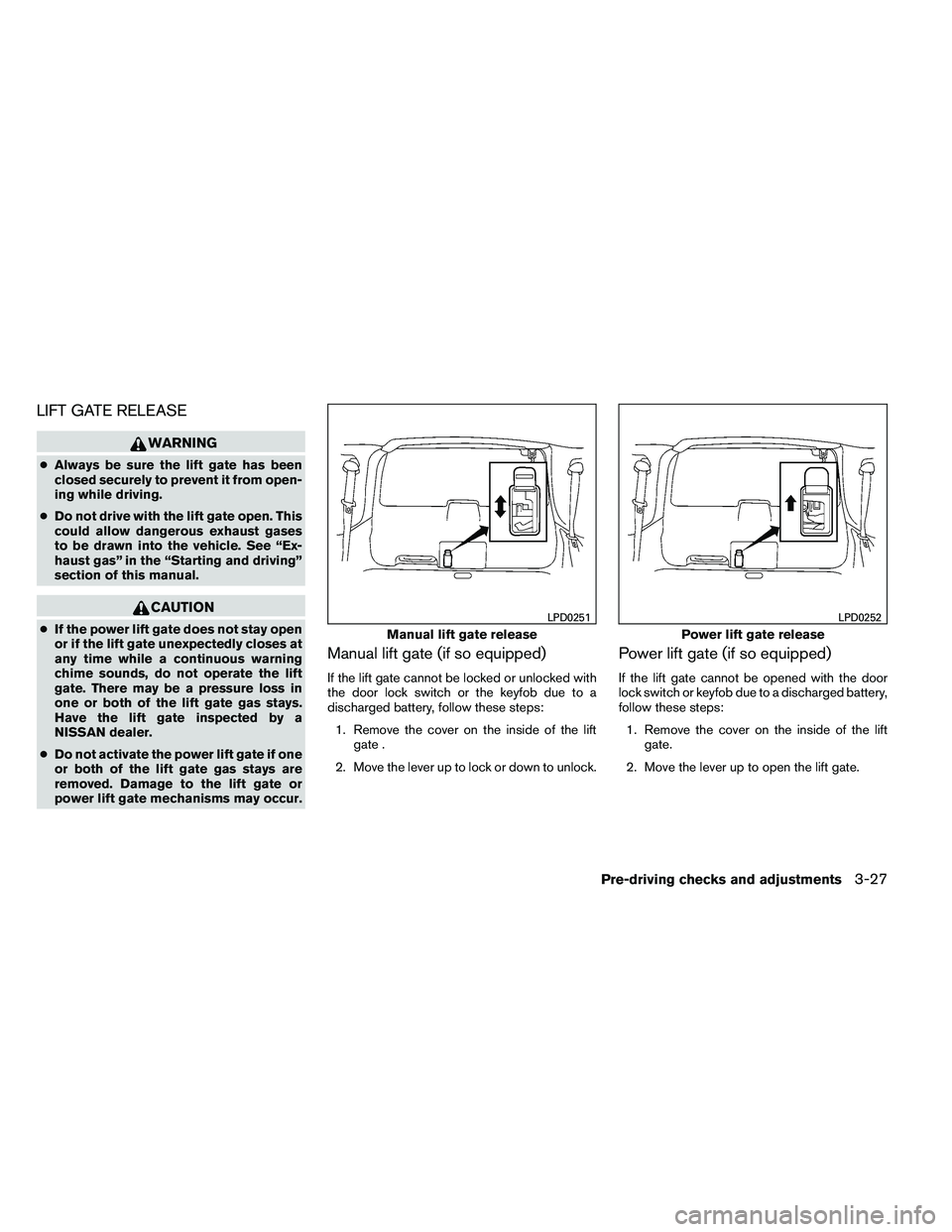 NISSAN ARMADA 2011  Owners Manual LIFT GATE RELEASE 