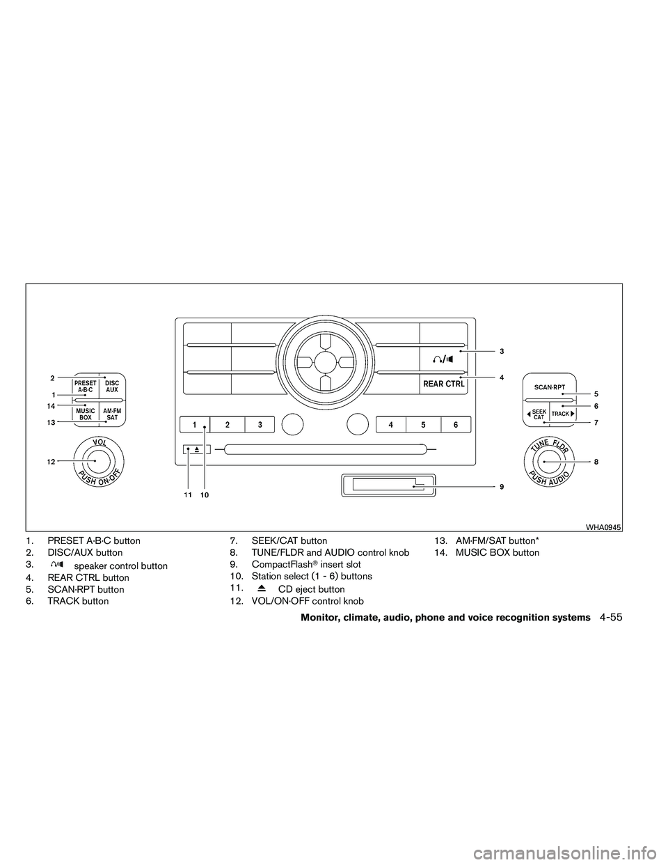 NISSAN ARMADA 2011  Owners Manual 1. PRESET A·B·C button
2. DISC/AUX button
3. 