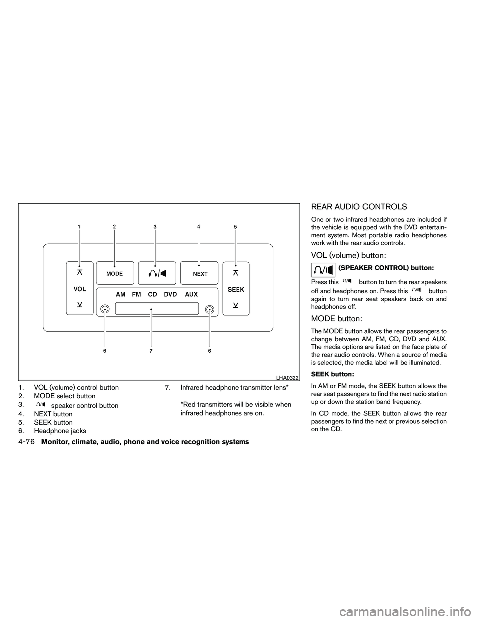 NISSAN ARMADA 2011  Owners Manual 1. VOL (volume) control button
2. MODE select button
3. 