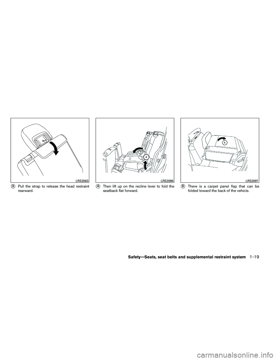 NISSAN ARMADA 2011 Owners Guide 3Pull the strap to release the head restraint
rearward.4Then lift up on the recline lever to fold the
seatback flat forward.5There is a carpet panel flap that can be
folded toward the back of the v