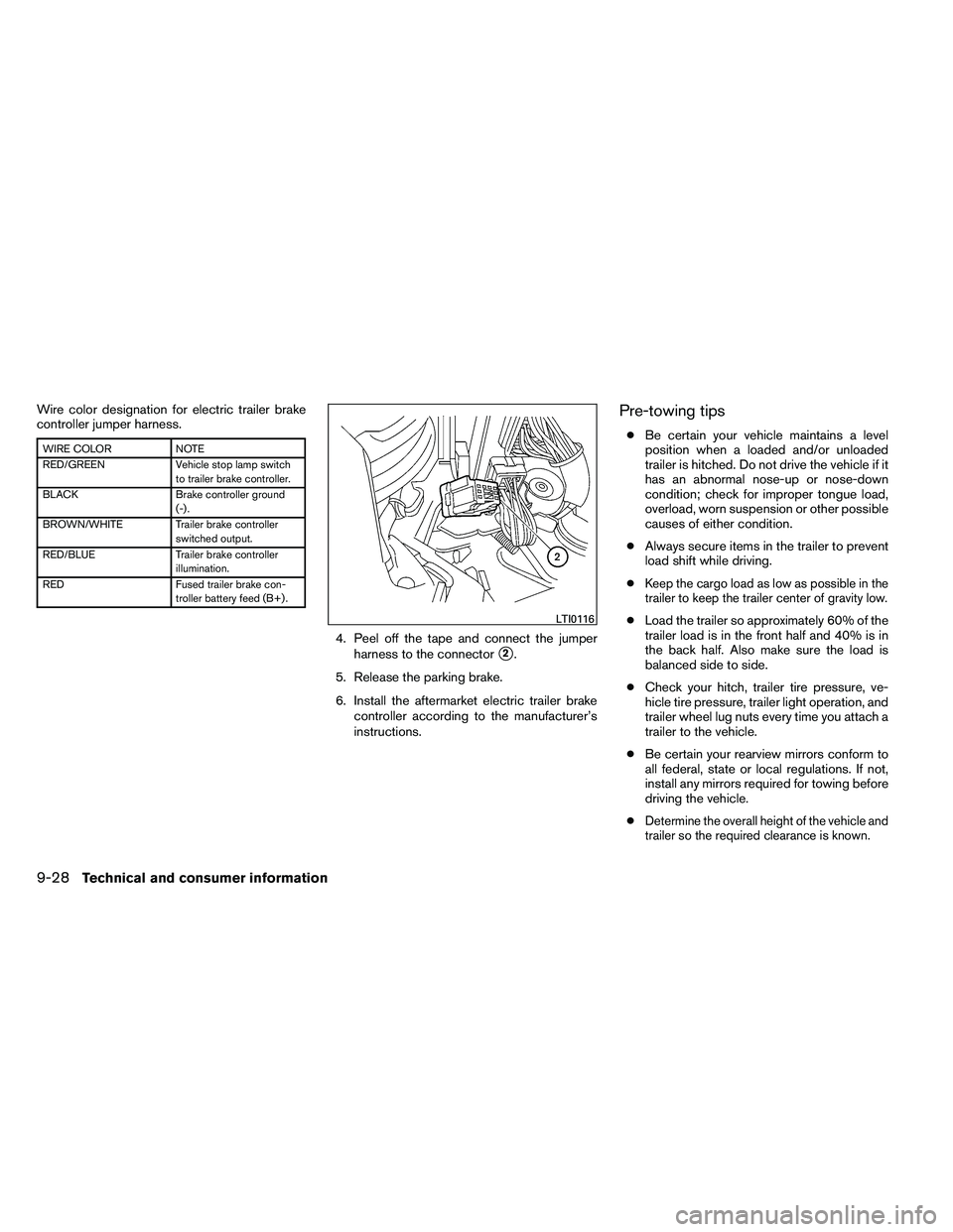 NISSAN ARMADA 2011 Owners Manual Wire color designation for electric trailer brake
controller jumper harness. NISSAN ARMADA 2011 Owners Manual Wire color designation for electric trailer brake
controller jumper harness.
