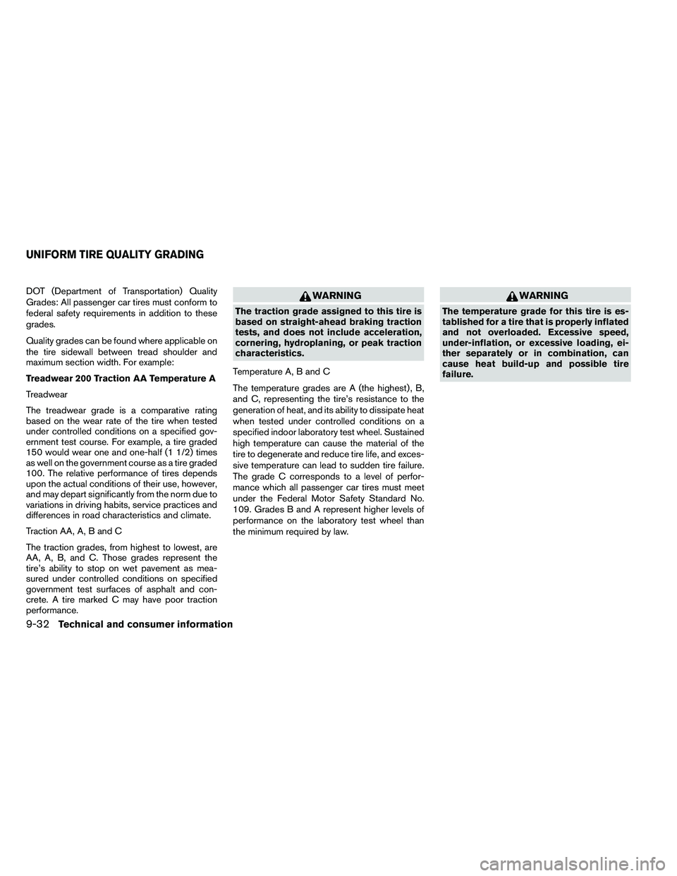 NISSAN ARMADA 2011 Owners Manual DOT (Department of Transportation) Quality
Grades: All passenger car tires must conform to
federal safety requirements in addition to these
grades.
Quality grades can be found where applicable on
the NISSAN ARMADA 2011 Owners Manual DOT (Department of Transportation) Quality
Grades: All passenger car tires must conform to
federal safety requirements in addition to these
grades.
Quality grades can be found where applicable on
the