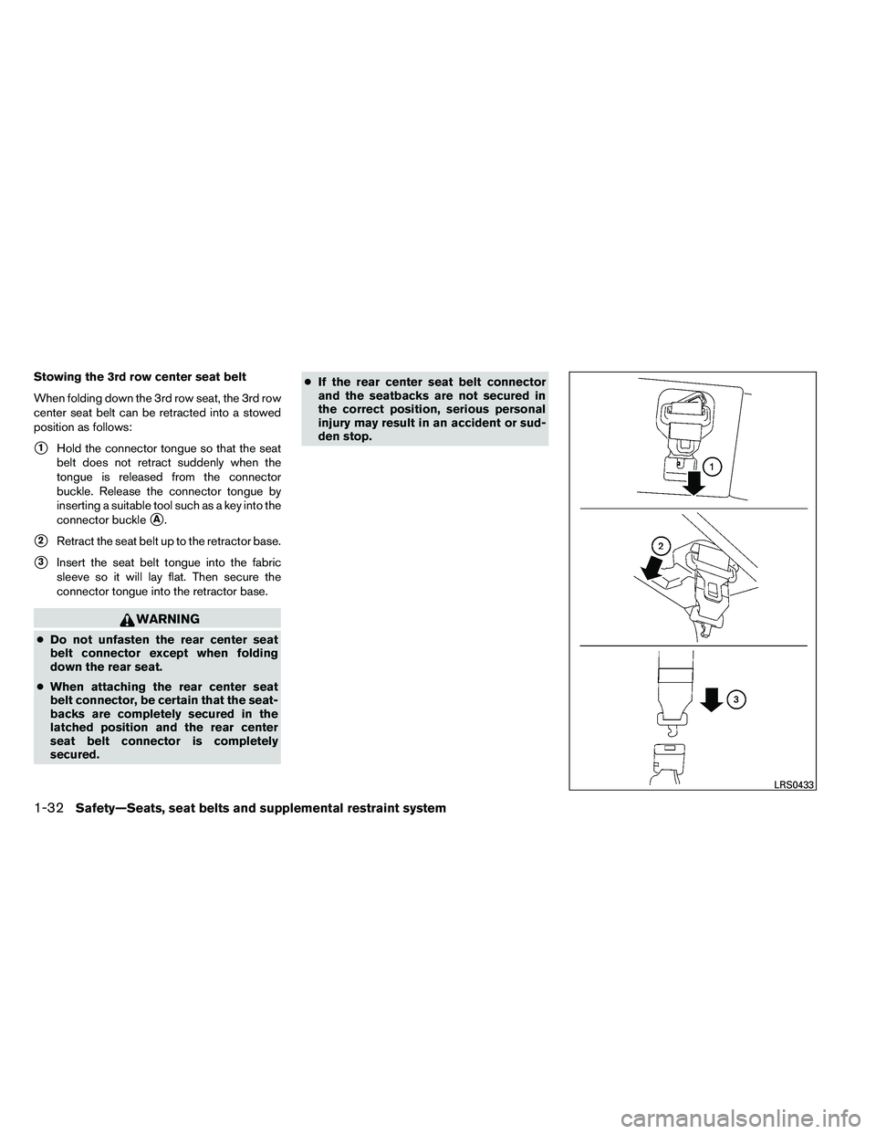 NISSAN ARMADA 2011 Workshop Manual Stowing the 3rd row center seat belt
When folding down the 3rd row seat, the 3rd row
center seat belt can be retracted into a stowed
position as follows:
1Hold the connector tongue so that the seat
b